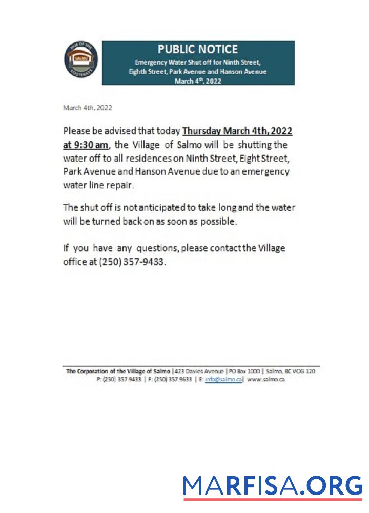 Blank Canada British Columbia Hub of the Salmo Kootenays utility shut off notice example